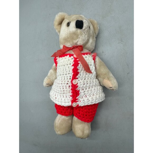 Vintage Plush Bear Handmade Red White Crochet Outfit Bow Soft Beige Fur Toy READ - Picture 1 of 7